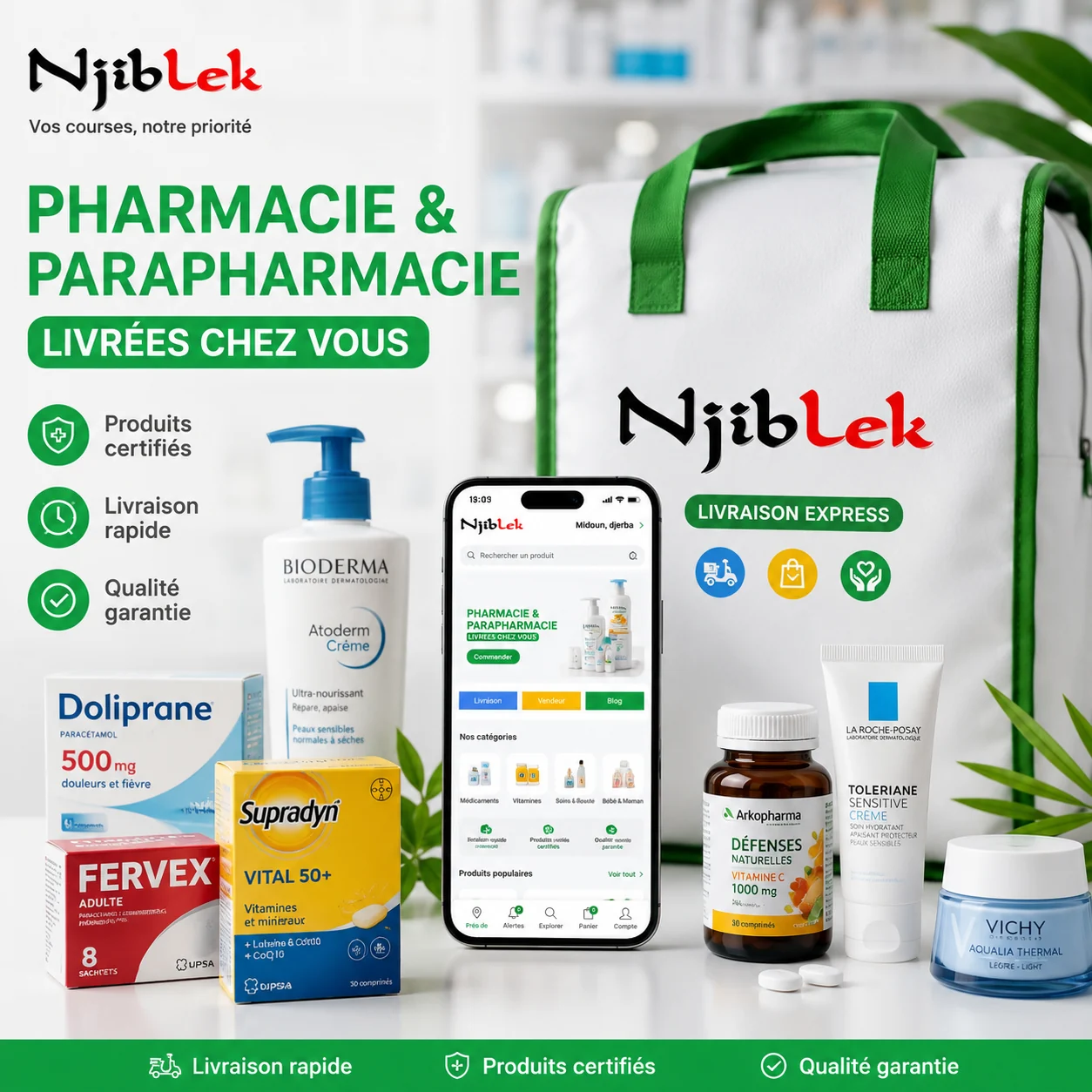 Pharmacie et parapharmacie livrées avec Njiblek